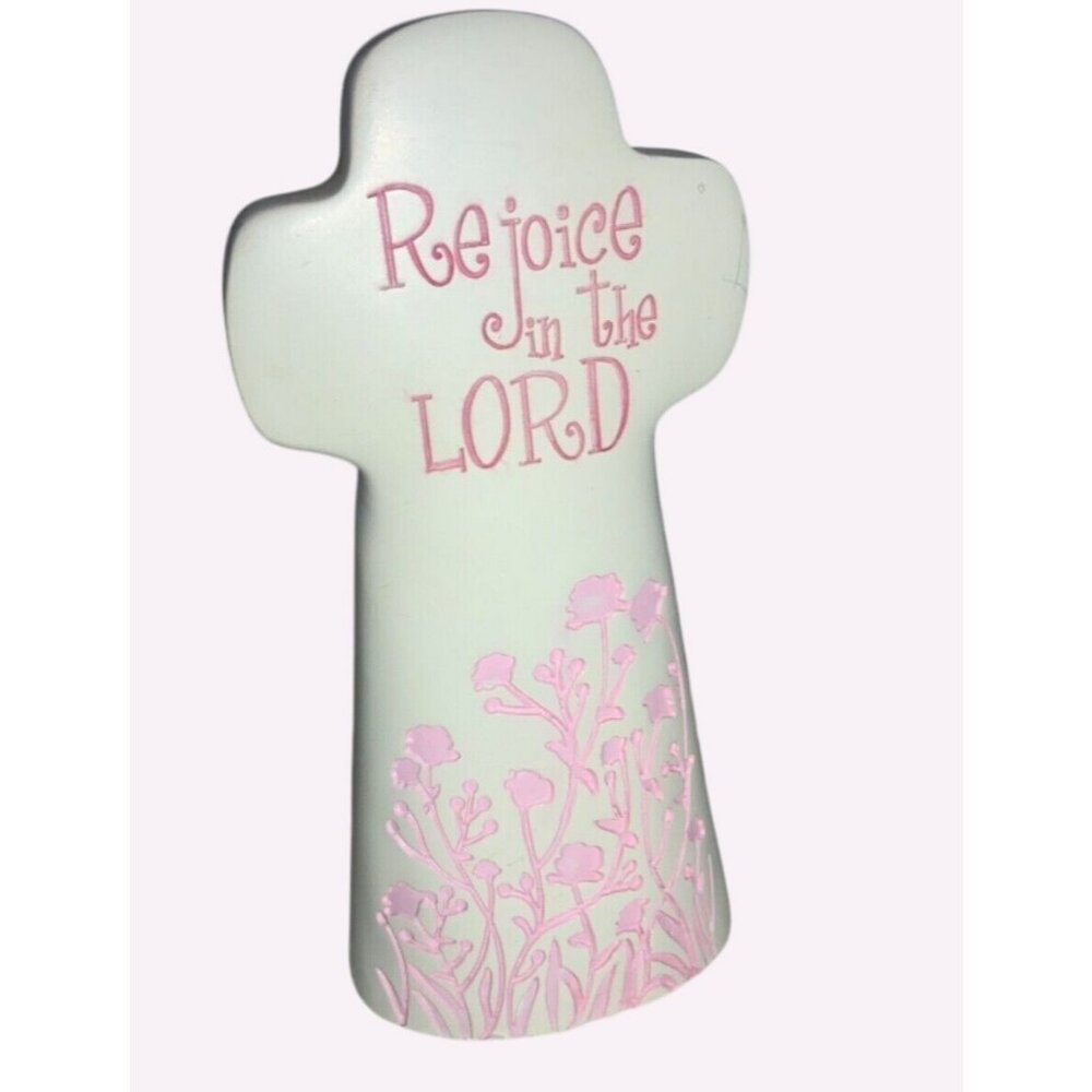 Religious Cross w/ Floral Pink Design and Inspirational Text Rejoice In The Lord